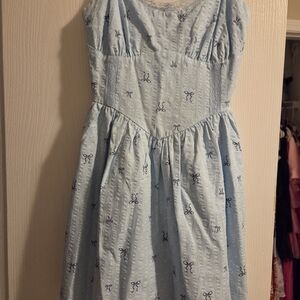 Love,Fire Light Blue Dress with Navy Bow Print Coquette Girly Small Sundress